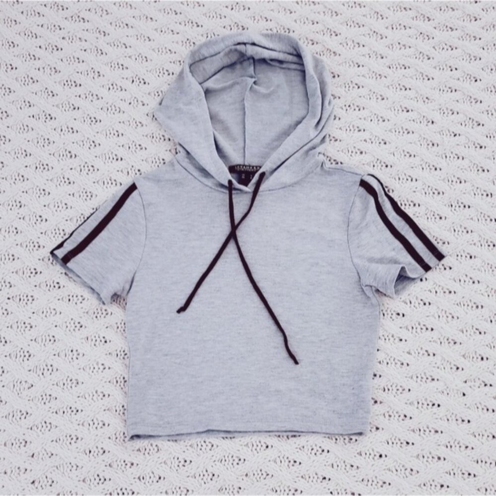 Revamped Athleisure Short Sleeved Cropped Sweatshirt- Adjustable Hoodie- S